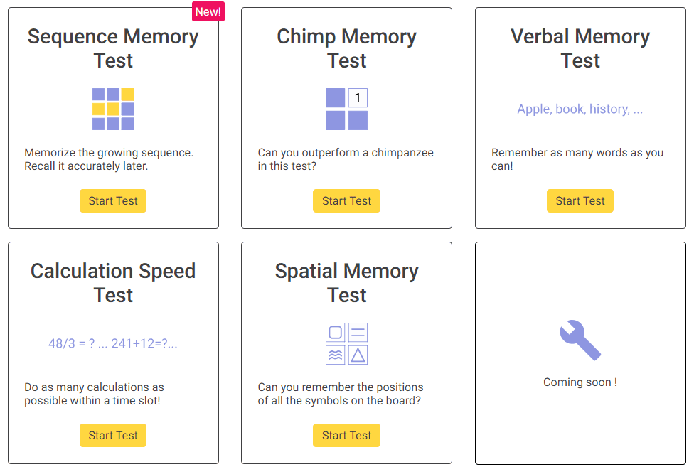 A screenshot of the Cognitive Tests